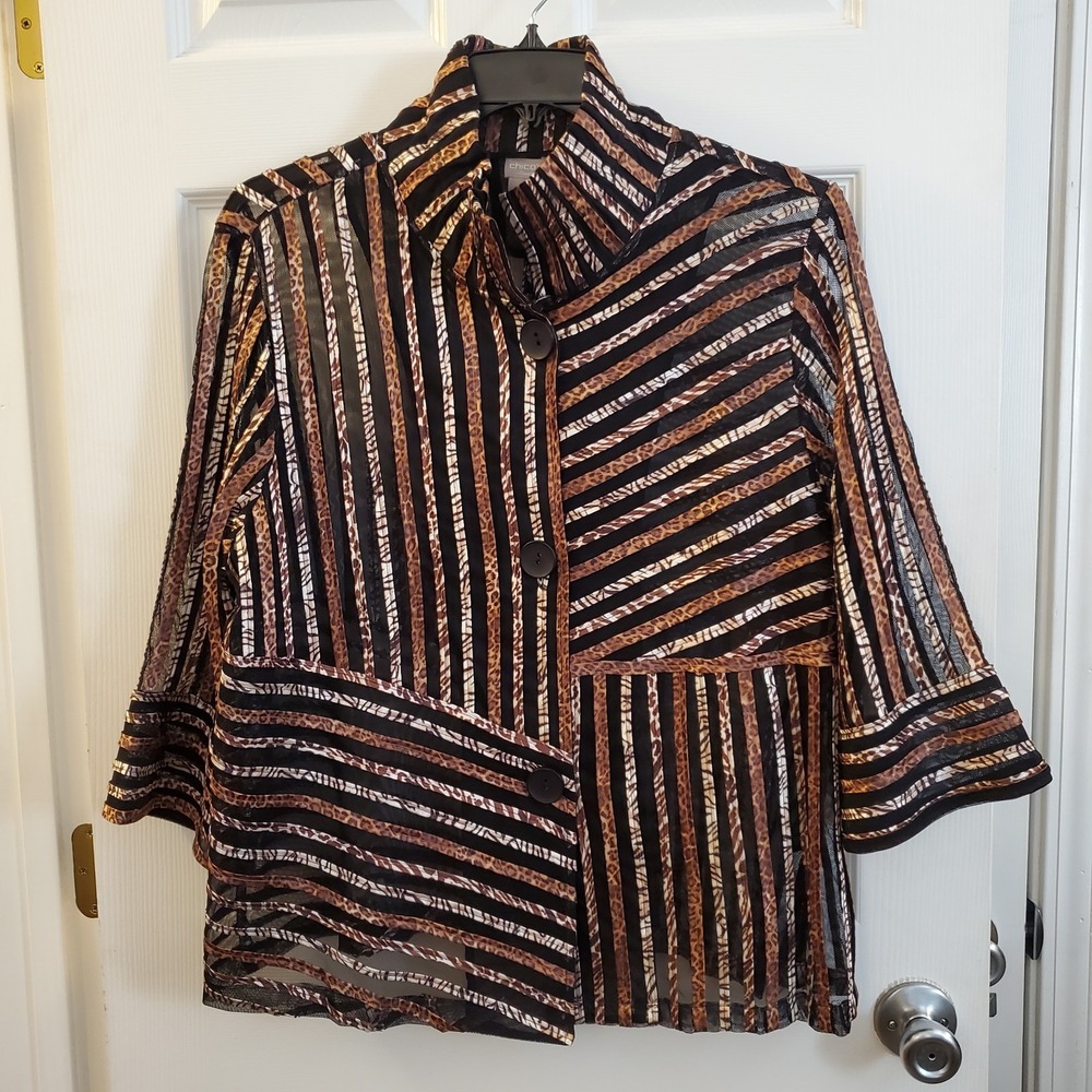 Chico's sz 3P 16/18P cheetah mesh stripe button top sheer chic party art to wear